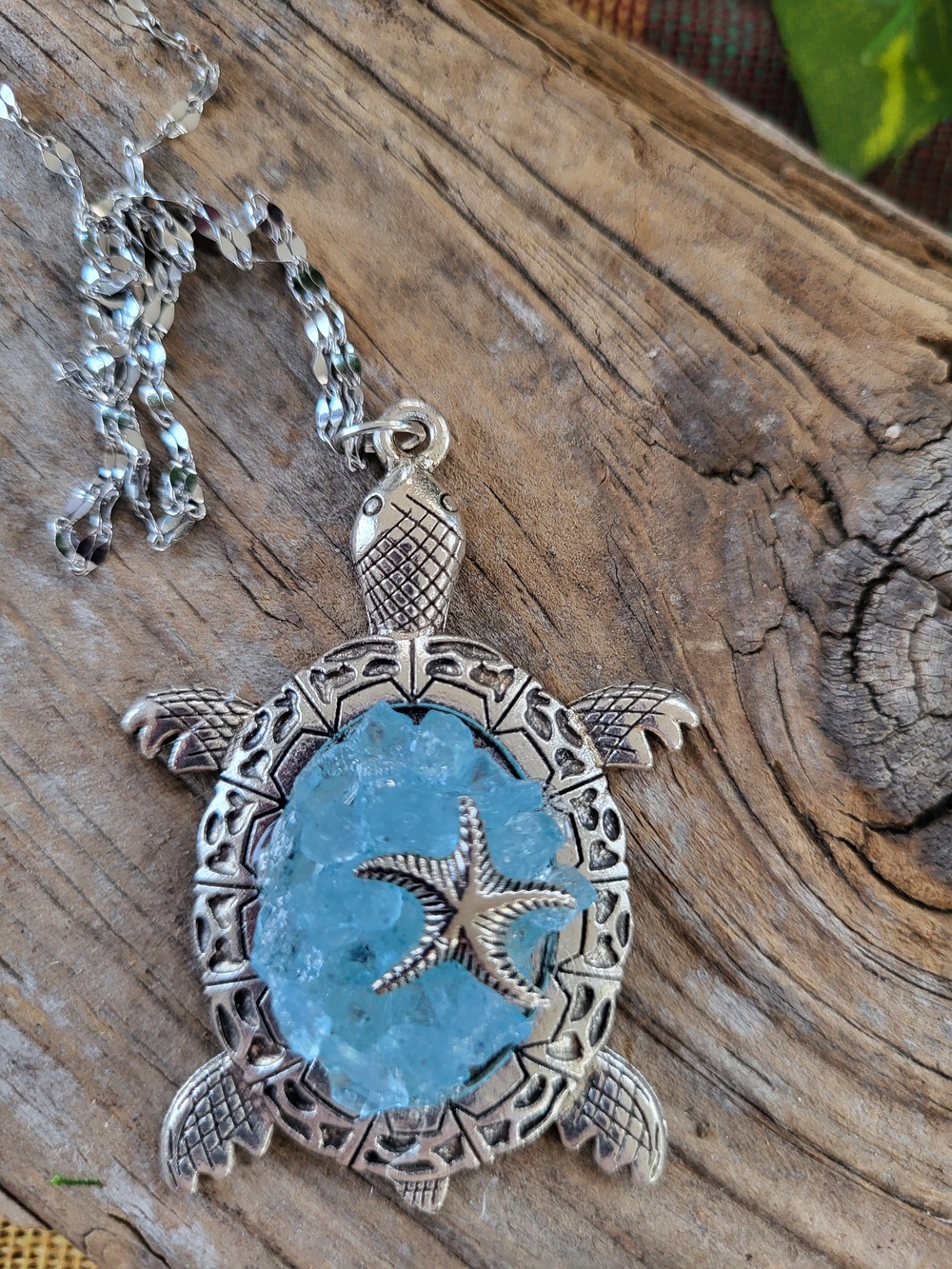 Silver Toned Turtle Necklace with Light Blue Sea Glass and Starfish Accent